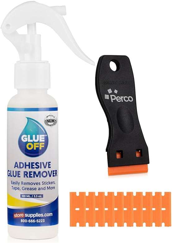 Perco Glue Off Adhesive Remover - New Stronger Formula! - 3.3 oz with Scraper & Plastic Razor | Glue Remover Spray Effortlessly Erase Adhesive Hassles & Car Stickers - for Label Sticker Residue - Image 1