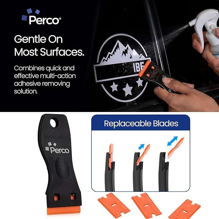 Perco Glue Off Adhesive Remover - New Stronger Formula! - 3.3 oz with Scraper & Plastic Razor | Glue Remover Spray Effortlessly Erase Adhesive Hassles & Car Stickers - for Label Sticker Residue - Image 4