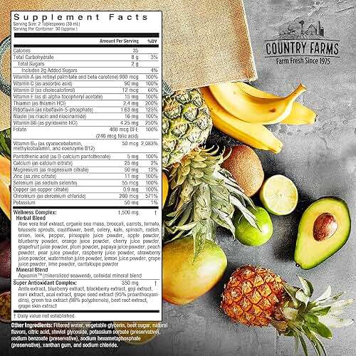 Country Farms Liquid Multivitamin, Vitamins and Minerals for Immune Support and Energy, Herbal Blend, Vegan, Multivitamin for Women and Men, Gluten Free, Tropical Fruit Flavor, 32 fl oz - Image 2
