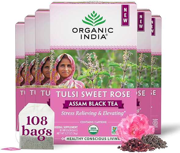 Organic India Tulsi Sweet Rose Assam Black Tea - Stress Relieving & Elevating, 17mg of Caffeine Per Cup, With Ayurvedic Herbs, Vegan, USDA Organic, Non-GMO - 18 Rose Tea Bags (Pack of 6) - Image 1