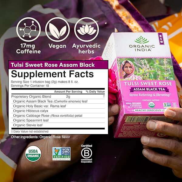 Organic India Tulsi Sweet Rose Assam Black Tea - Stress Relieving & Elevating, 17mg of Caffeine Per Cup, With Ayurvedic Herbs, Vegan, USDA Organic, Non-GMO - 18 Rose Tea Bags (Pack of 6) - Image 2