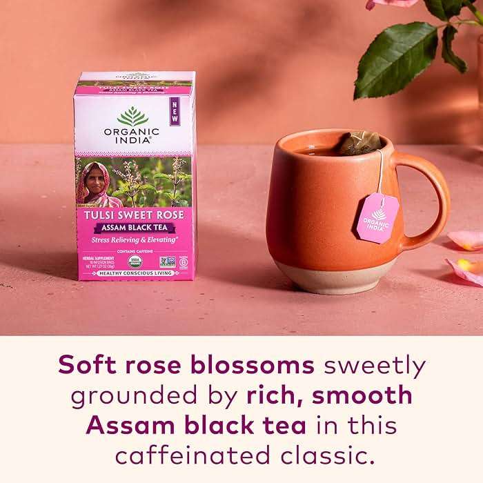 Organic India Tulsi Sweet Rose Assam Black Tea - Stress Relieving & Elevating, 17mg of Caffeine Per Cup, With Ayurvedic Herbs, Vegan, USDA Organic, Non-GMO - 18 Rose Tea Bags (Pack of 6) - Image 3
