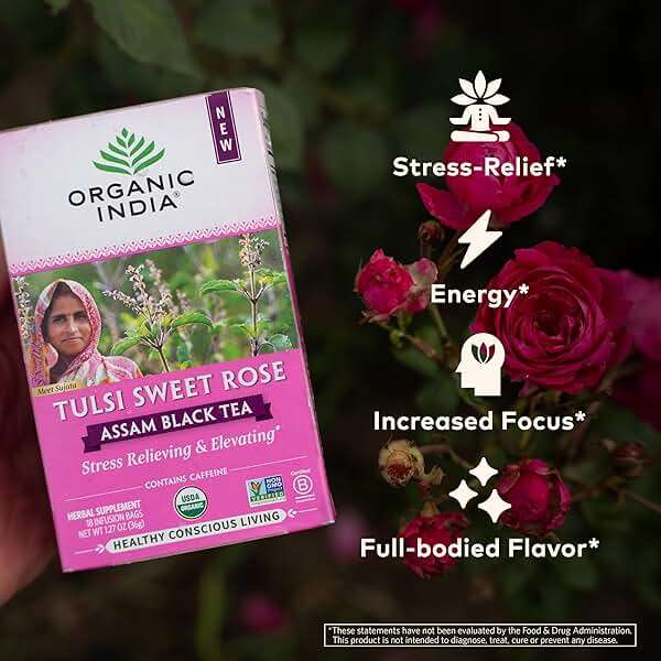 Organic India Tulsi Sweet Rose Assam Black Tea - Stress Relieving & Elevating, 17mg of Caffeine Per Cup, With Ayurvedic Herbs, Vegan, USDA Organic, Non-GMO - 18 Rose Tea Bags (Pack of 6) - Image 4