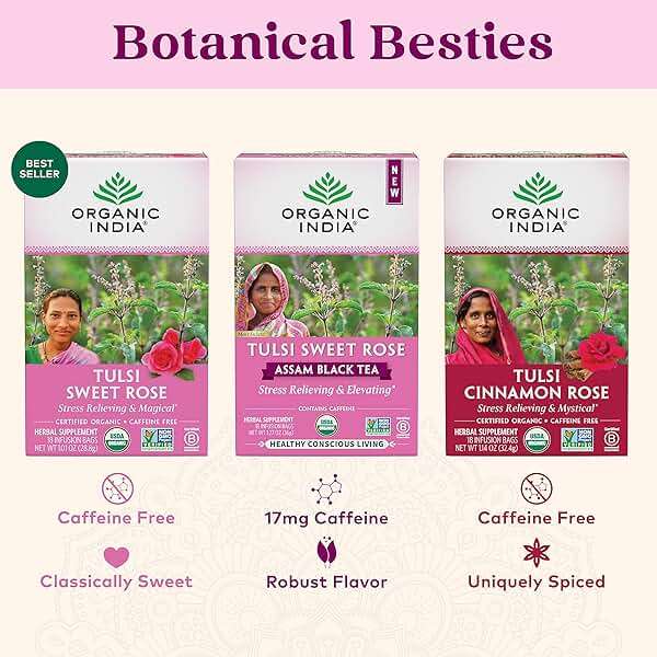 Organic India Tulsi Sweet Rose Assam Black Tea - Stress Relieving & Elevating, 17mg of Caffeine Per Cup, With Ayurvedic Herbs, Vegan, USDA Organic, Non-GMO - 18 Rose Tea Bags (Pack of 6) - Image 7