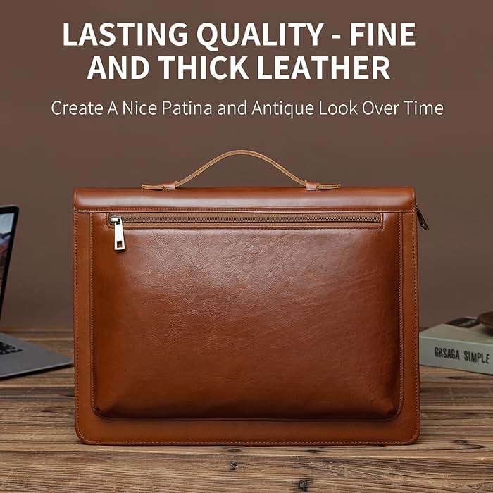 YIWEN Handmade Leather Portfolio with Handle – Zippered Front Pocket, Clip for Letter Size Notepad, Business Travel Padfolio - Image 2