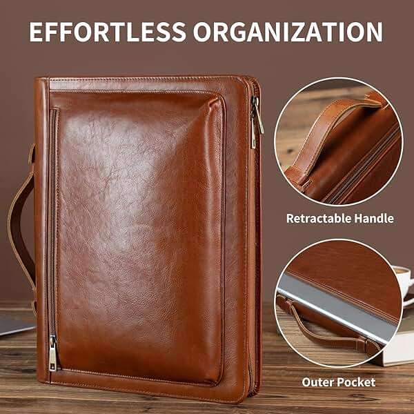 YIWEN Handmade Leather Portfolio with Handle – Zippered Front Pocket, Clip for Letter Size Notepad, Business Travel Padfolio - Image 3