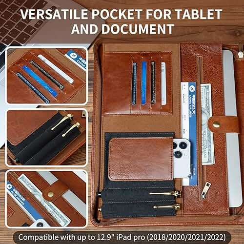 YIWEN Handmade Leather Portfolio with Handle – Zippered Front Pocket, Clip for Letter Size Notepad, Business Travel Padfolio - Image 4