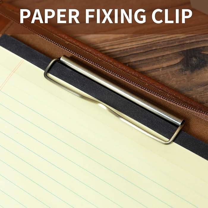 YIWEN Handmade Leather Portfolio with Handle – Zippered Front Pocket, Clip for Letter Size Notepad, Business Travel Padfolio - Image 5