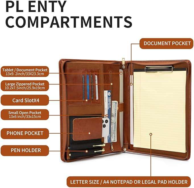 YIWEN Handmade Leather Portfolio with Handle – Zippered Front Pocket, Clip for Letter Size Notepad, Business Travel Padfolio - Image 6