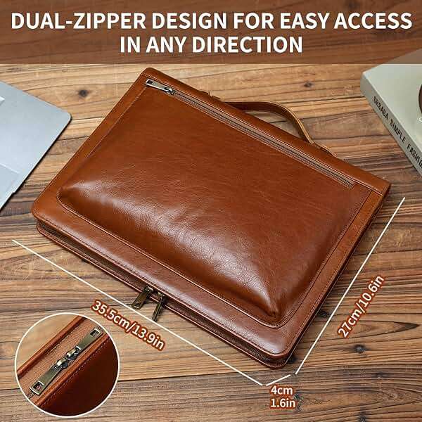 YIWEN Handmade Leather Portfolio with Handle – Zippered Front Pocket, Clip for Letter Size Notepad, Business Travel Padfolio - Image 7