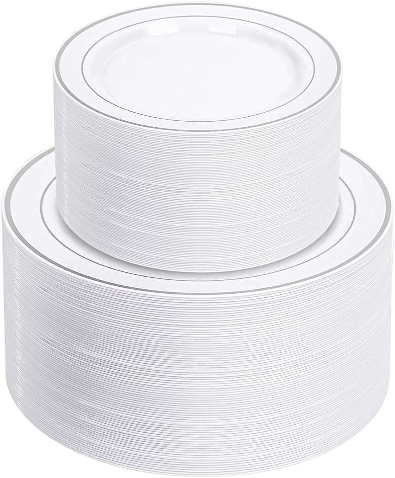 NOCCUR 200PCS Silver Plastic Plates Disposable for 100 Guests - Include 100 Dinner / 100 Dessert Plates Heavy Duty - Ideal for Party/Wedding/New Year - Image 1