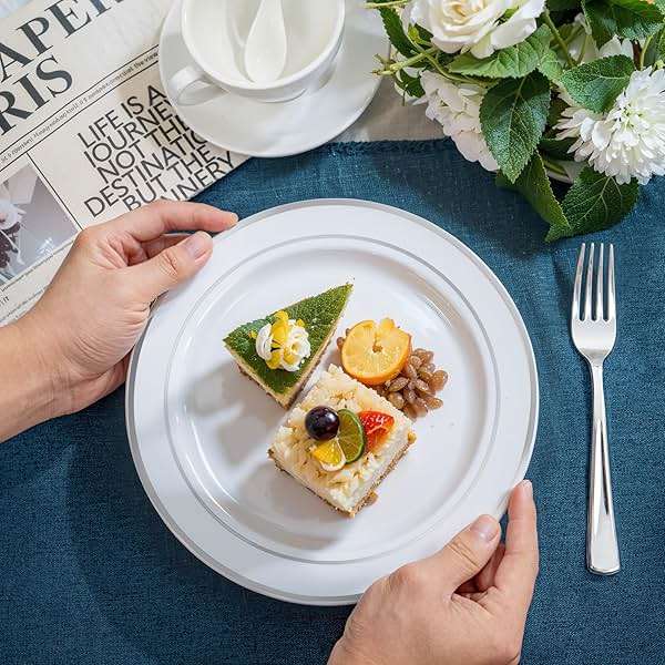 NOCCUR 200PCS Silver Plastic Plates Disposable for 100 Guests - Include 100 Dinner / 100 Dessert Plates Heavy Duty - Ideal for Party/Wedding/New Year - Image 2
