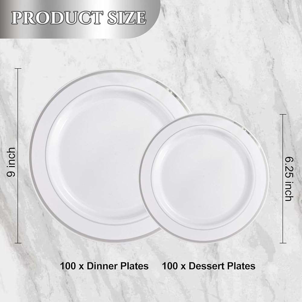 NOCCUR 200PCS Silver Plastic Plates Disposable for 100 Guests - Include 100 Dinner / 100 Dessert Plates Heavy Duty - Ideal for Party/Wedding/New Year - Image 3