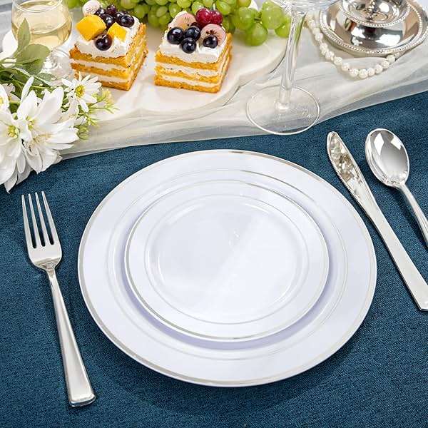NOCCUR 200PCS Silver Plastic Plates Disposable for 100 Guests - Include 100 Dinner / 100 Dessert Plates Heavy Duty - Ideal for Party/Wedding/New Year - Image 5