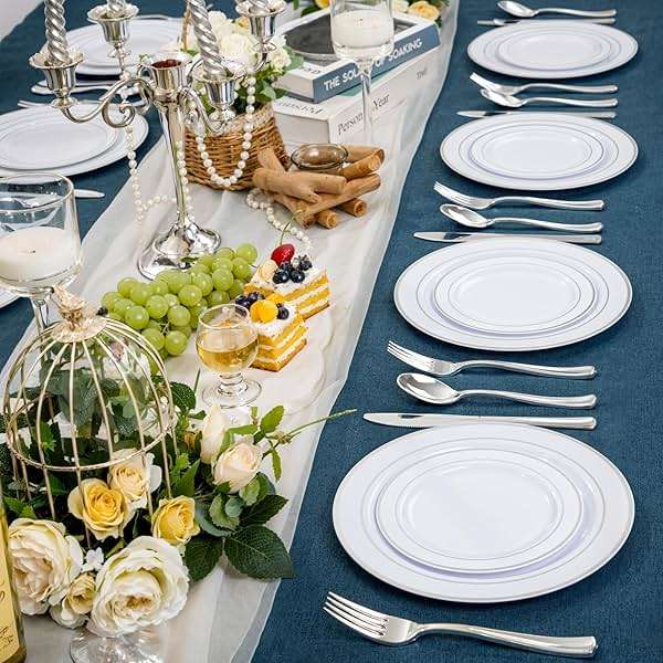 NOCCUR 200PCS Silver Plastic Plates Disposable for 100 Guests - Include 100 Dinner / 100 Dessert Plates Heavy Duty - Ideal for Party/Wedding/New Year - Image 6