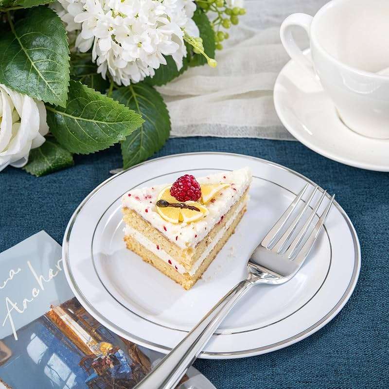 NOCCUR 200PCS Silver Plastic Plates Disposable for 100 Guests - Include 100 Dinner / 100 Dessert Plates Heavy Duty - Ideal for Party/Wedding/New Year - Image 7