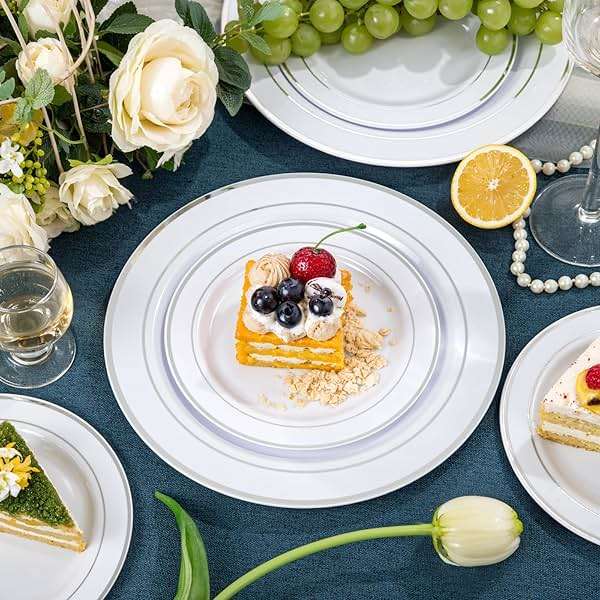 NOCCUR 200PCS Silver Plastic Plates Disposable for 100 Guests - Include 100 Dinner / 100 Dessert Plates Heavy Duty - Ideal for Party/Wedding/New Year - Image 8