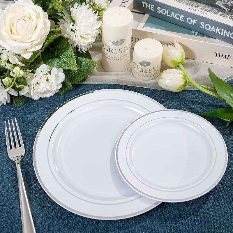 NOCCUR 200PCS Silver Plastic Plates Disposable for 100 Guests - Include 100 Dinner / 100 Dessert Plates Heavy Duty - Ideal for Party/Wedding/New Year - Image 9