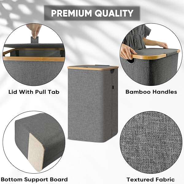 BALEINE Laundry Hamper with Lid, Tall Laundry Baskets with Bamboo Pull Handles, Large Laundry Bin with Internal Support (26 Gal/100L, Grey) - Image 3
