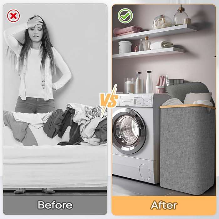 BALEINE Laundry Hamper with Lid, Tall Laundry Baskets with Bamboo Pull Handles, Large Laundry Bin with Internal Support (26 Gal/100L, Grey) - Image 7