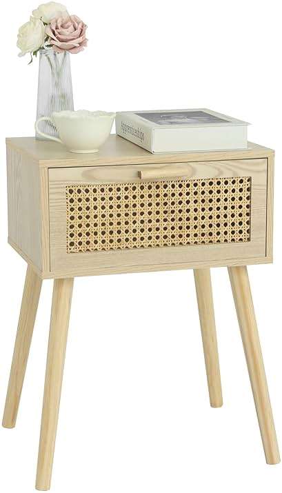 AWASEN Rattan Nightstand, Bedside Table with Rattan Drawer, Wood End Table with Storage and Solid Wood Legs for Bedroom Living Room Small Space (Walnut) - Image 6