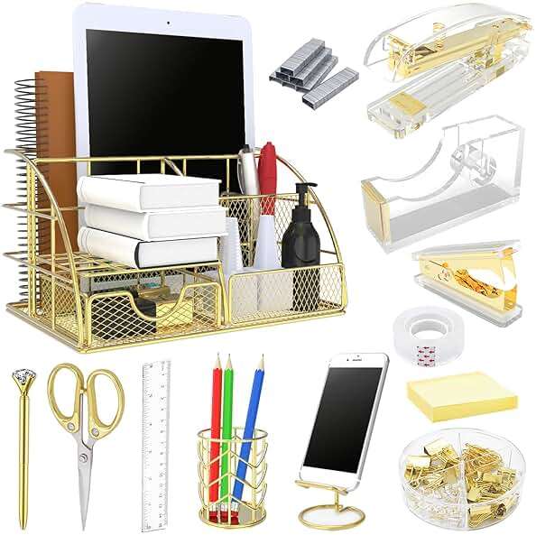 YOLOZAI Office Desk Organizers, Gold 13PCS Office Supplies and Accessories Desk organizer, Acrylic Stapler, Staple Remover, Clips, Scissor, Phone Holder, Pen, Pen Holder - Image 1