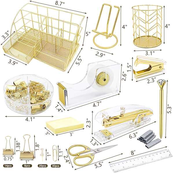 YOLOZAI Office Desk Organizers, Gold 13PCS Office Supplies and Accessories Desk organizer, Acrylic Stapler, Staple Remover, Clips, Scissor, Phone Holder, Pen, Pen Holder - Image 2
