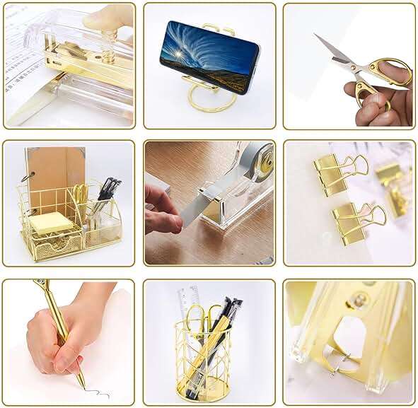 YOLOZAI Office Desk Organizers, Gold 13PCS Office Supplies and Accessories Desk organizer, Acrylic Stapler, Staple Remover, Clips, Scissor, Phone Holder, Pen, Pen Holder - Image 4