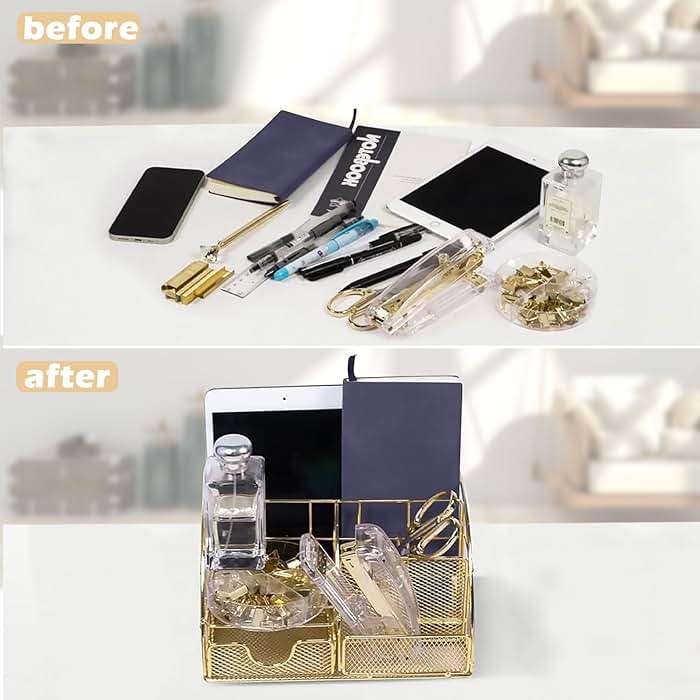 YOLOZAI Office Desk Organizers, Gold 13PCS Office Supplies and Accessories Desk organizer, Acrylic Stapler, Staple Remover, Clips, Scissor, Phone Holder, Pen, Pen Holder - Image 5
