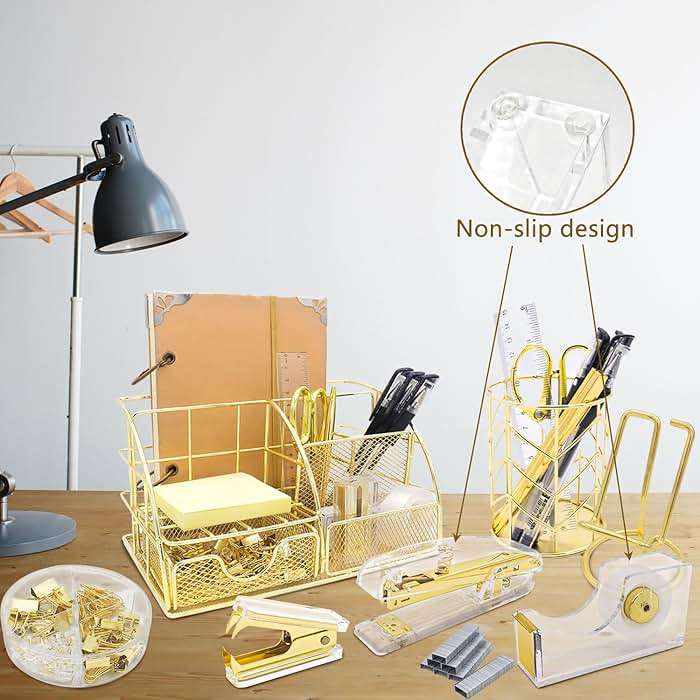 YOLOZAI Office Desk Organizers, Gold 13PCS Office Supplies and Accessories Desk organizer, Acrylic Stapler, Staple Remover, Clips, Scissor, Phone Holder, Pen, Pen Holder - Image 6