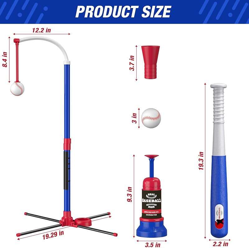 HYES 3-in-1 Baseball Set for Kids 3-5 - Tee Ball Stand, Hanging Tee, Ball Launcher and 6 Softballs - Adjustable Height, Indoor/Outdoor Sport Gifts for Boys Girls, Blue - Image 2