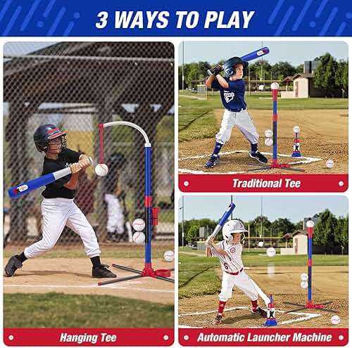 HYES 3-in-1 Baseball Set for Kids 3-5 - Tee Ball Stand, Hanging Tee, Ball Launcher and 6 Softballs - Adjustable Height, Indoor/Outdoor Sport Gifts for Boys Girls, Blue - Image 3