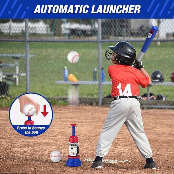 HYES 3-in-1 Baseball Set for Kids 3-5 - Tee Ball Stand, Hanging Tee, Ball Launcher and 6 Softballs - Adjustable Height, Indoor/Outdoor Sport Gifts for Boys Girls, Blue - Image 5