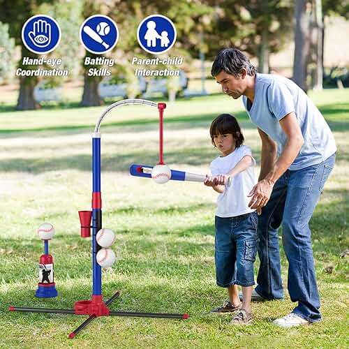 HYES 3-in-1 Baseball Set for Kids 3-5 - Tee Ball Stand, Hanging Tee, Ball Launcher and 6 Softballs - Adjustable Height, Indoor/Outdoor Sport Gifts for Boys Girls, Blue - Image 6