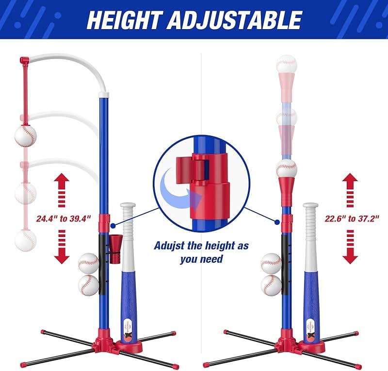 HYES 3-in-1 Baseball Set for Kids 3-5 - Tee Ball Stand, Hanging Tee, Ball Launcher and 6 Softballs - Adjustable Height, Indoor/Outdoor Sport Gifts for Boys Girls, Blue - Image 7