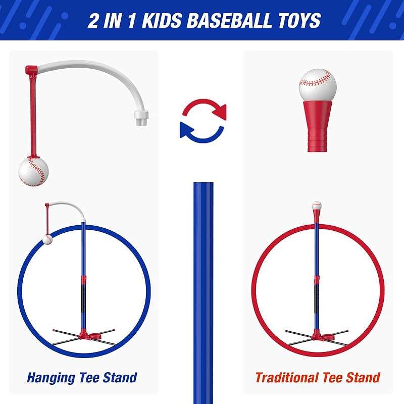 HYES 3-in-1 Baseball Set for Kids 3-5 - Tee Ball Stand, Hanging Tee, Ball Launcher and 6 Softballs - Adjustable Height, Indoor/Outdoor Sport Gifts for Boys Girls, Blue - Image 8