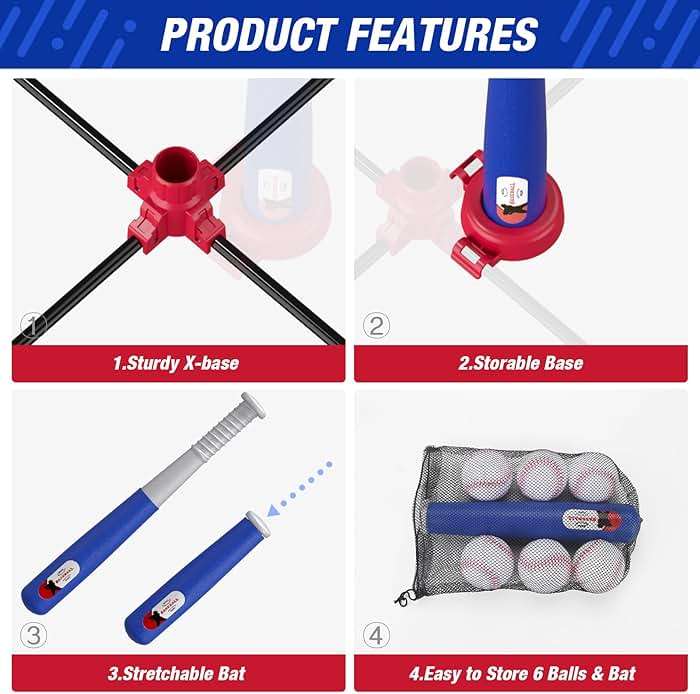 HYES 3-in-1 Baseball Set for Kids 3-5 - Tee Ball Stand, Hanging Tee, Ball Launcher and 6 Softballs - Adjustable Height, Indoor/Outdoor Sport Gifts for Boys Girls, Blue - Image 9
