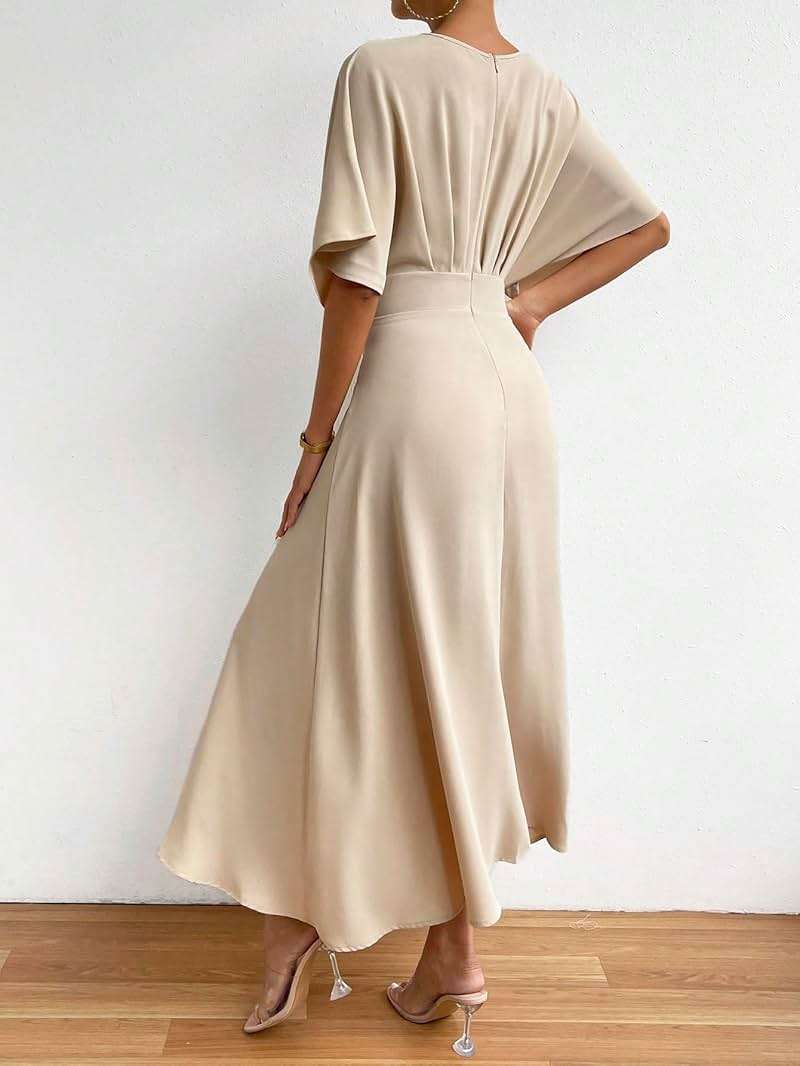 Floerns Women's V Neck Half Sleeve Ruched Cocktail Evening A Line Long Dress - Image 2