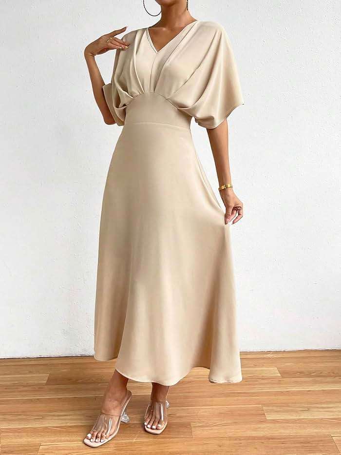 Floerns Women's V Neck Half Sleeve Ruched Cocktail Evening A Line Long Dress - Image 4