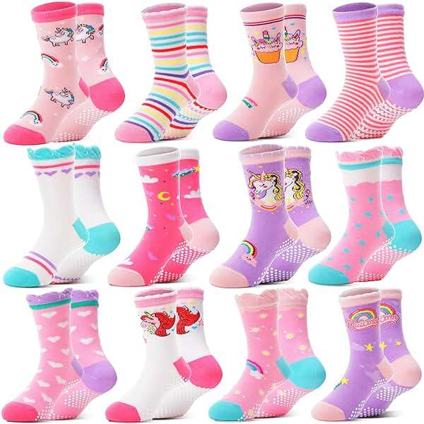 Welwoos Baby Girls Toddlers Grips Socks 12 Pairs Kids Anti Slip Non Skid Animal Funny Cartoon Crew Breathable Cotton Socks - Image 1