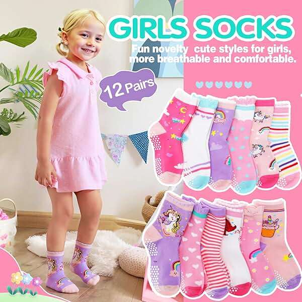 Welwoos Baby Girls Toddlers Grips Socks 12 Pairs Kids Anti Slip Non Skid Animal Funny Cartoon Crew Breathable Cotton Socks - Image 2