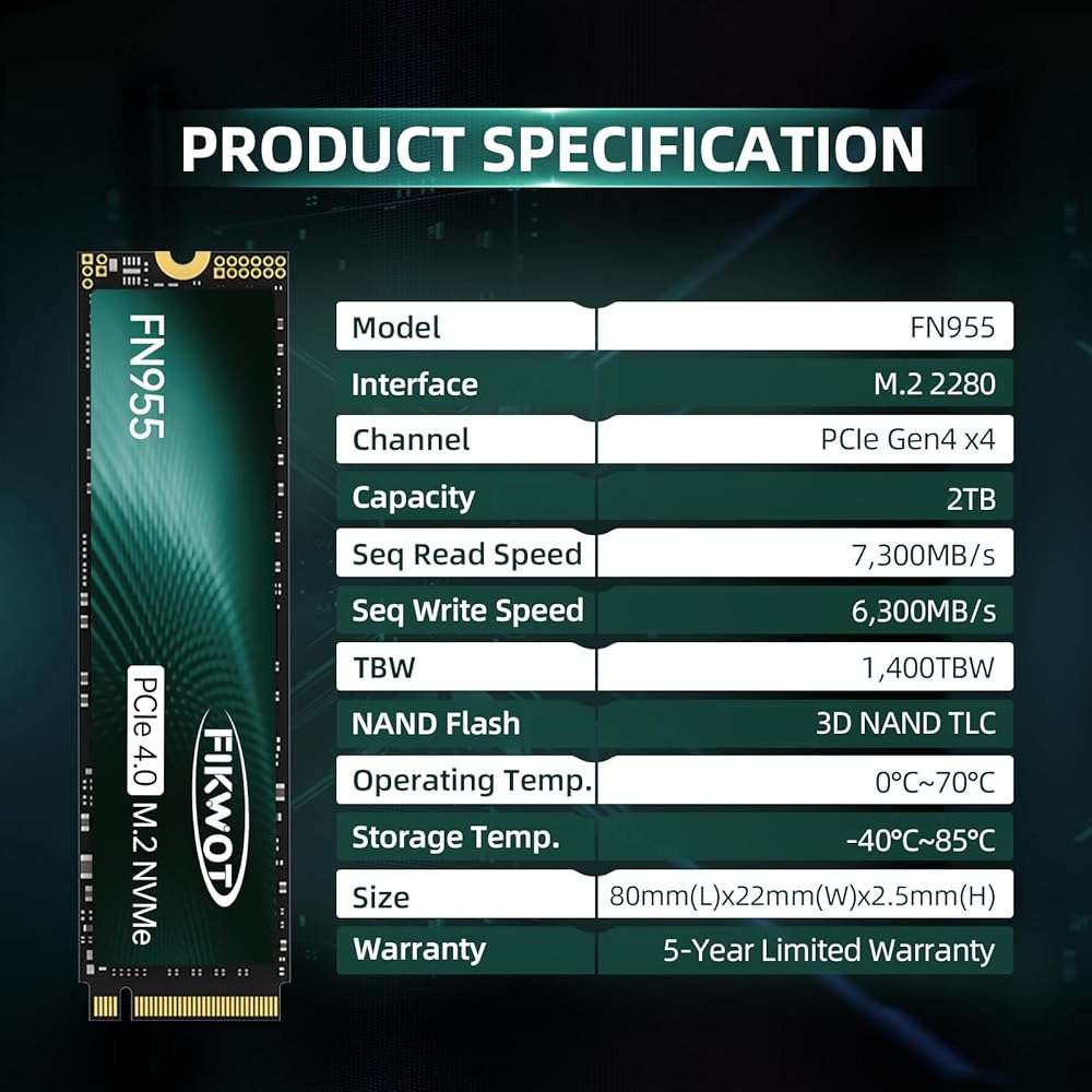 Fikwot FN955 2TB NVMe SSD M.2 2280 PCIe Gen4x4, Up to 7300MB/s, 3D NAND TLC Flash Internal Solid State Drive, Configure SLC Cache, Storage and Memory Expansion for PS5 Laptop Desktop - Image 6