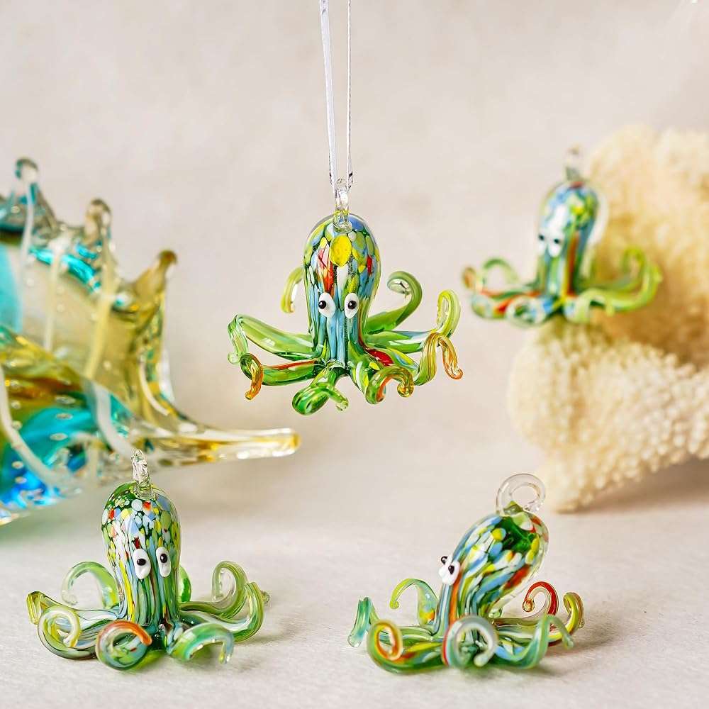 2'' Art Glass Octopus Coastal Hanging Ornament Blown Glass Sea Animal Pendant Collection for Christmas Tree & Beach Holiday Decoration - Image 2
