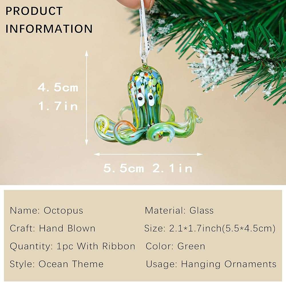 2'' Art Glass Octopus Coastal Hanging Ornament Blown Glass Sea Animal Pendant Collection for Christmas Tree & Beach Holiday Decoration - Image 3