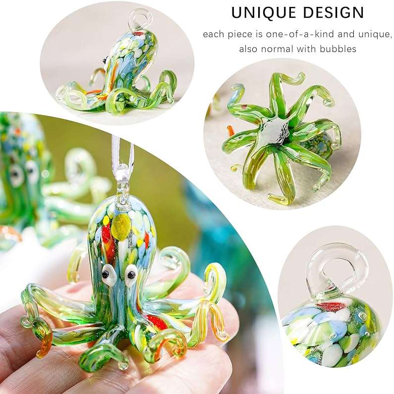 2'' Art Glass Octopus Coastal Hanging Ornament Blown Glass Sea Animal Pendant Collection for Christmas Tree & Beach Holiday Decoration - Image 6