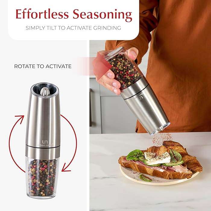 Urban Noon Gravity Salt and Pepper Grinder Set - Battery Operated Stainless Steel Mills with Light (2 Grinders) - Automatic One Handed Operation - Electric Adjustable Shakers - Ceramic Grinders - Image 3
