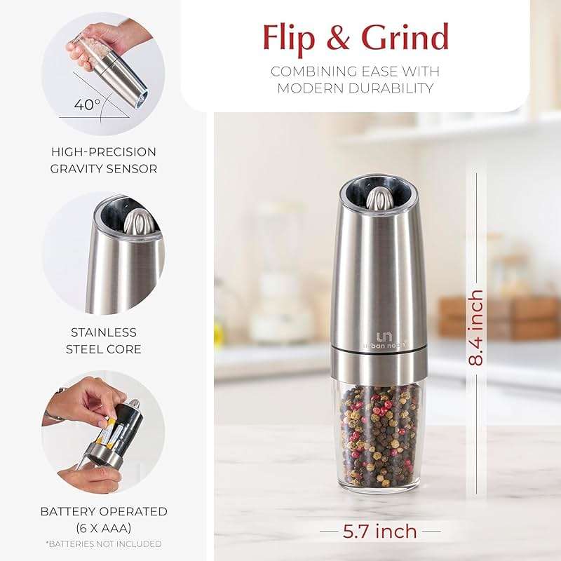 Urban Noon Gravity Salt and Pepper Grinder Set - Battery Operated Stainless Steel Mills with Light (2 Grinders) - Automatic One Handed Operation - Electric Adjustable Shakers - Ceramic Grinders - Image 4
