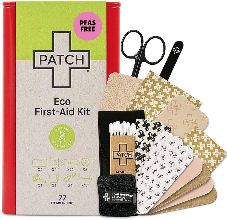 Patch Eco First Aid Kit, Assorted Hypoallergenic Adhesive Sizes Large and Small Bandages for Sensitive Skin, Essential Medical Supplies in a Reusable Tin, Latex Free, Sensitive Skin Bandages, 77 ct - Image 1