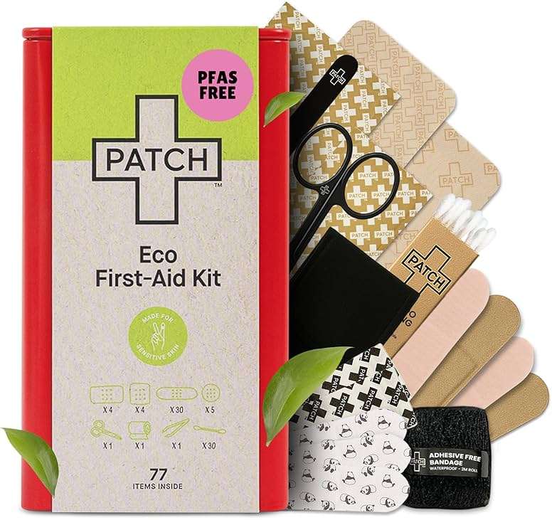 Patch Eco First Aid Kit, Assorted Hypoallergenic Adhesive Sizes Large and Small Bandages for Sensitive Skin, Essential Medical Supplies in a Reusable Tin, Latex Free, Sensitive Skin Bandages, 77 ct - Image 3