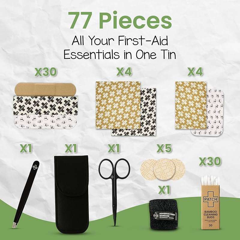 Patch Eco First Aid Kit, Assorted Hypoallergenic Adhesive Sizes Large and Small Bandages for Sensitive Skin, Essential Medical Supplies in a Reusable Tin, Latex Free, Sensitive Skin Bandages, 77 ct - Image 7